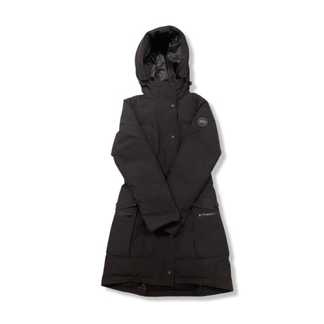 Svart dunjacka Canada Goose Black Label för dam med huva, fotograferad framifrån mot vit bakgrund.