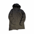 Black women's down jacket from Peak Performance with a hood, photographed from the front against a white background.