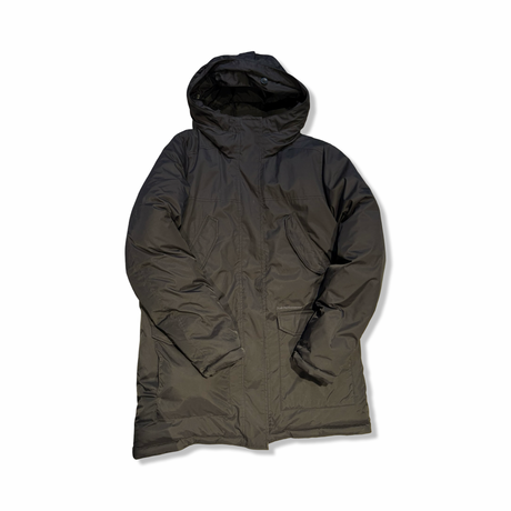 Black women's down jacket from Peak Performance with a hood, photographed from the front against a white background.