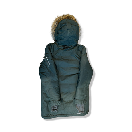 Back view of a green Peak Performance women's down jacket with a hood, photographed against a white background.
