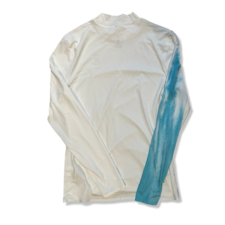 Back view of a white ON men's long-sleeve performance shirt with a blue sleeve, photographed against a white background.