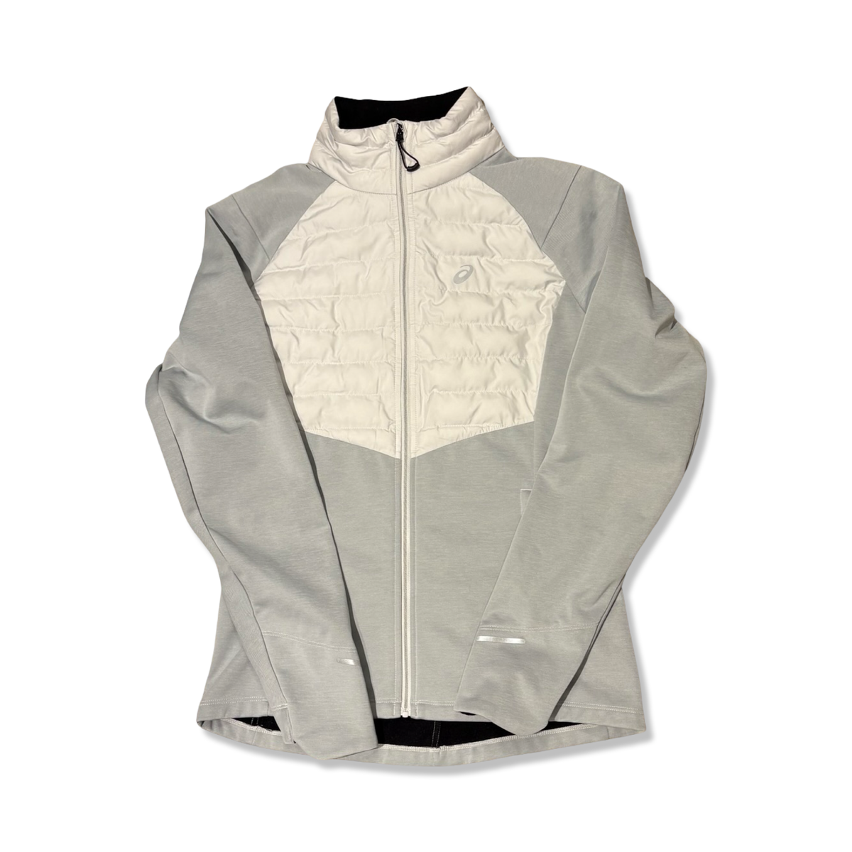 Grey Asics men's hybrid jacket with a quilted chest panel and zipper, front view against a white background.