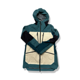 Blue and white Peak Performance women's hooded shell jacket with zipper, front view.
