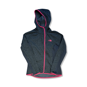 Grå och rosa fleececardigan från The North Face för dam med huva, fotograferad framifrån mot vit bakgrund.