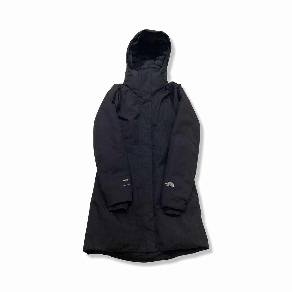 Black The North Face women's down jacket with hood, front view against a white background.