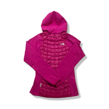 Back view of a purple The North Face women's hooded hybrid jacket against a white background.