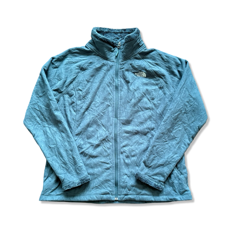 Green The North Face fleece cardigan with a full zipper and high collar, photographed from the front on a white background.