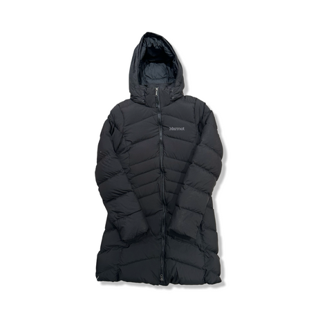 Black Marmot women's down jacket with a hood and zipper, front view against a white background.
