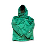 Green Gneis hooded rain jacket, front view against a white background.