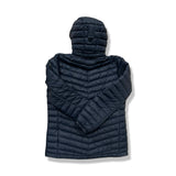 Back view of a blue Peak Performance hooded down jacket against a white background.