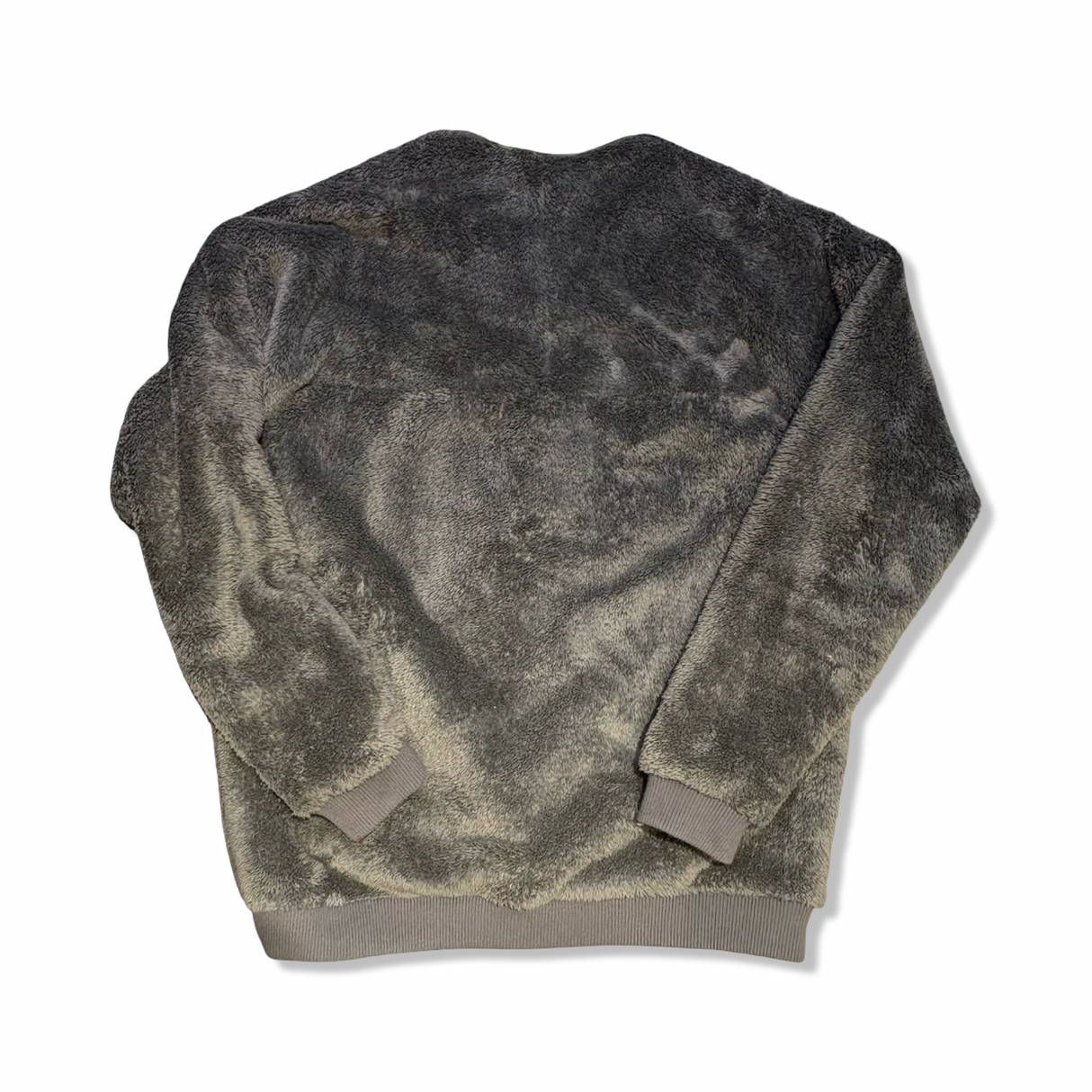 Grey Patagonia men's fleece pullover, back view against a white background.