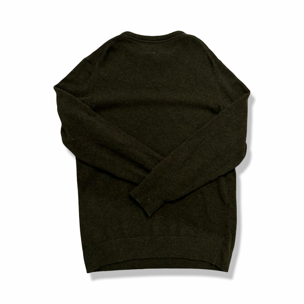 Back view of a green knitted Barbour men's sweater against a white background.