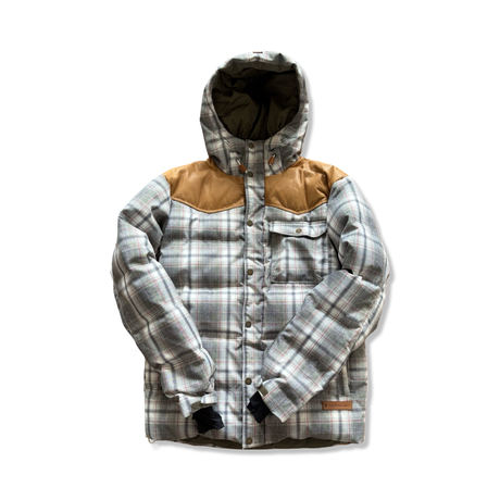 Grey plaid men's ski jacket from Peak Performance with a hood and brown leather details, front view against a white background.
