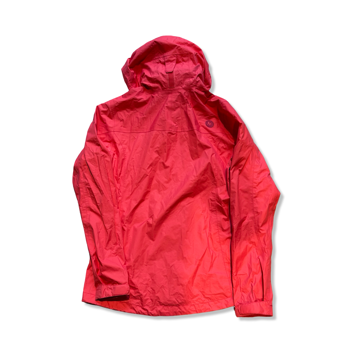 Women's pink Marmot shell jacket, back view with hood on a white background.