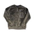 Grey Patagonia men's fleece pullover with a half-zip and mesh chest pocket, front view against a white background.