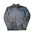 Grey Patagonia men's Nano Puff pullover jacket with a quilted design and half zipper, front view against a white background.