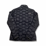 Back view of a black Elevenate women's down jacket against a white background.