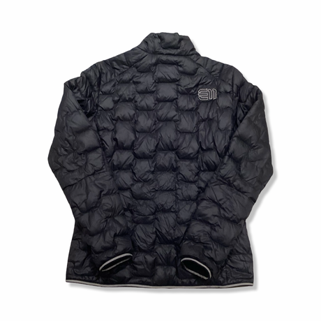 Back view of a black Elevenate women's down jacket against a white background.