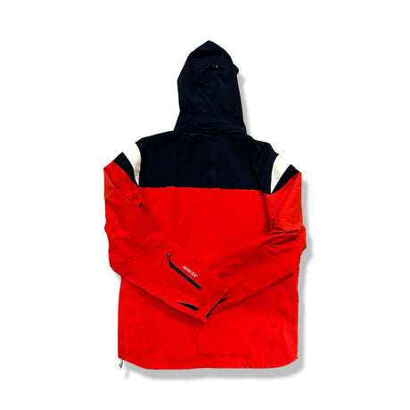 Red and blue J.Lindeberg men's hooded shell jacket, back view against a white background.