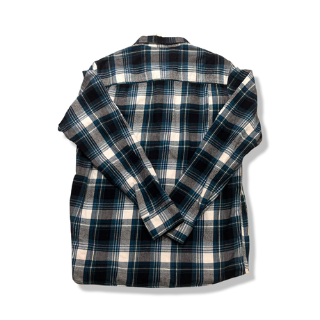Back view of a blue plaid flannel shirt from Elevenate for men, photographed against a white background.