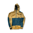 Yellow and green hooded men's ski jacket, front view against a white background.