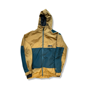 Yellow and green hooded men's ski jacket, front view against a white background.