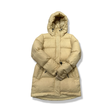 Yellow hooded down jacket from Peak Performance for women, front view against a white background.