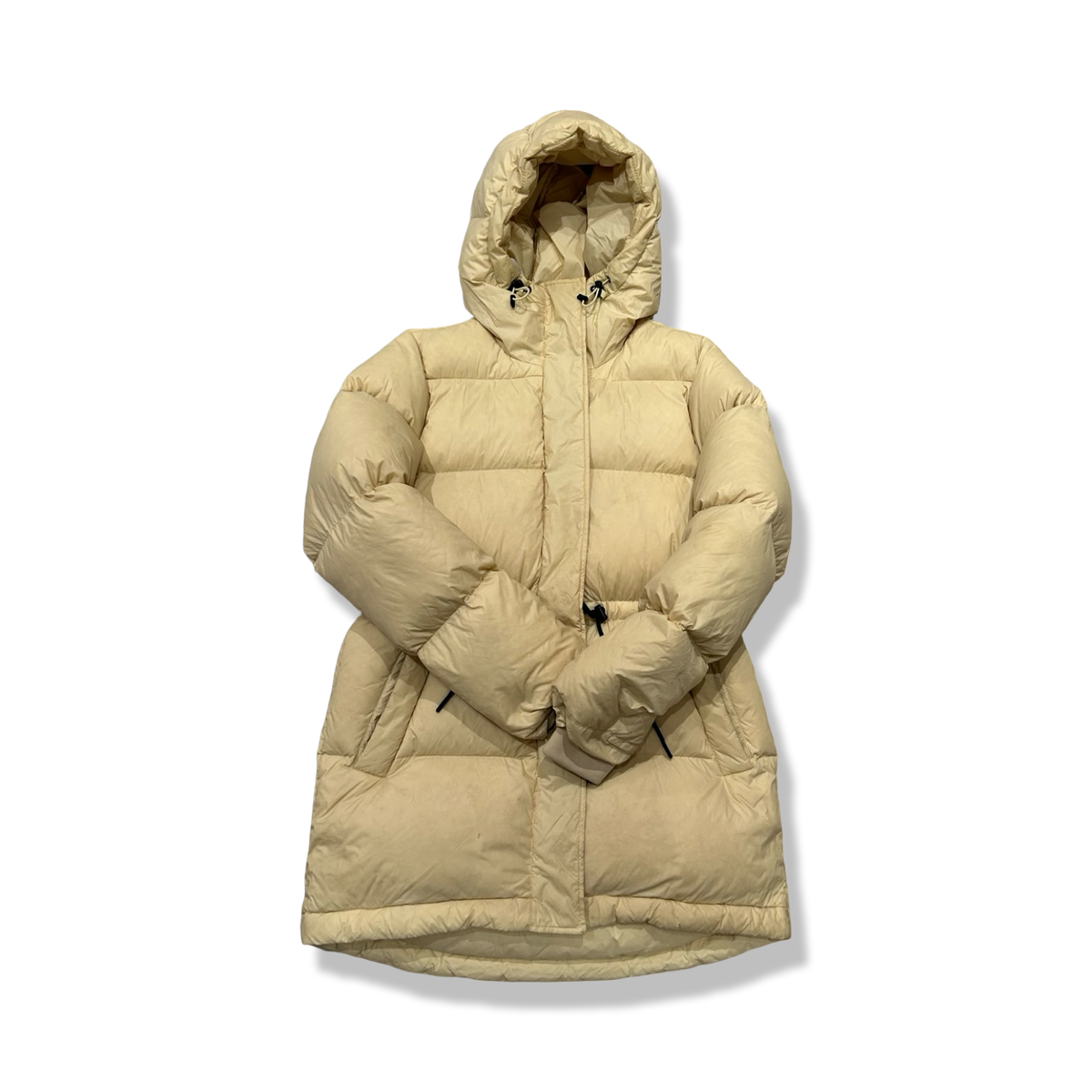 Yellow hooded down jacket from Peak Performance for women, front view against a white background.