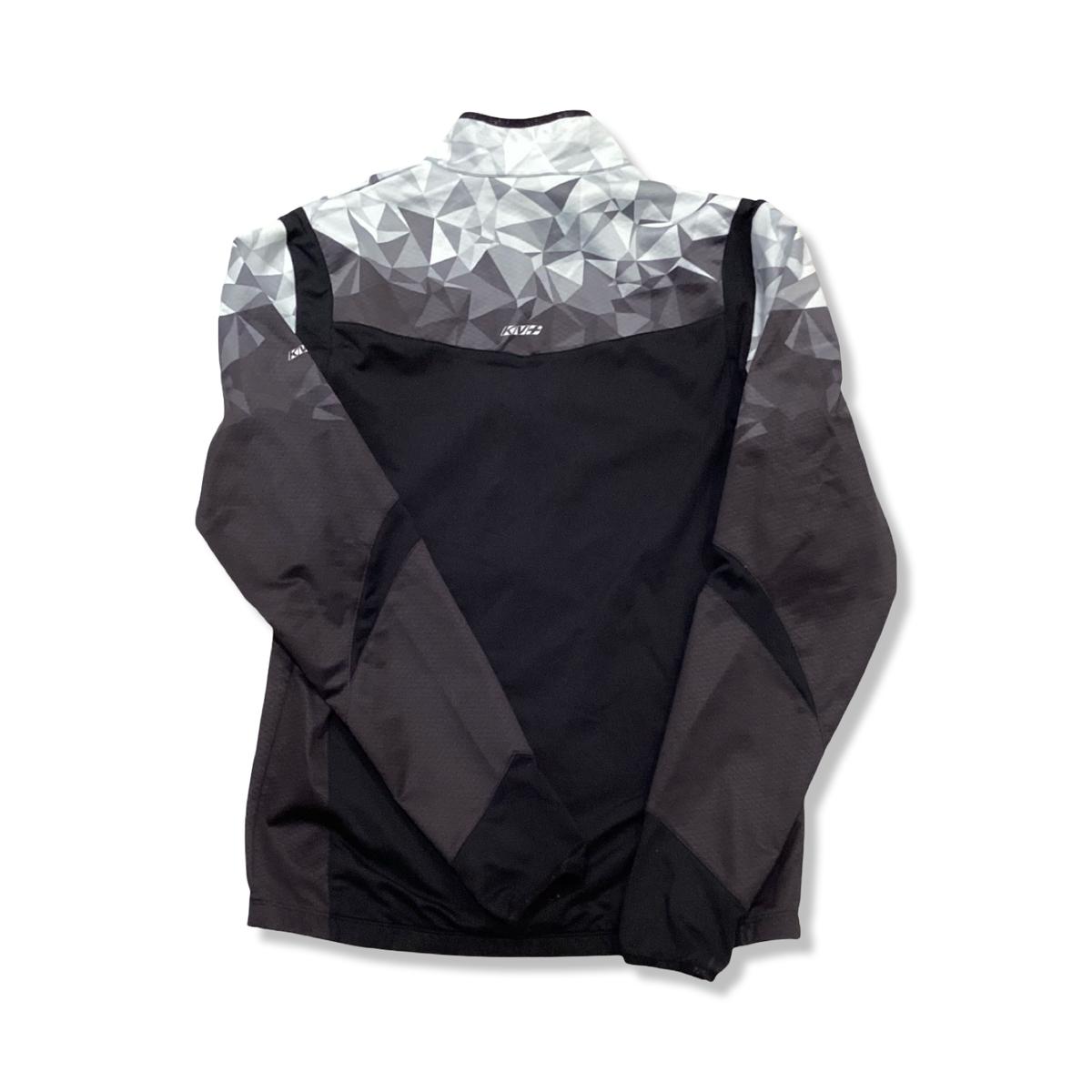 Back view of a black and white geometric pattern KV+ athletic jacket against a white background.