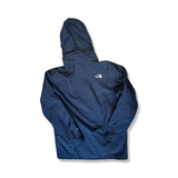 Back view of a blue men's The North Face hooded shell jacket, photographed against a white background.
