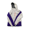 Grey and purple Marmot women's hooded shell jacket with an orange zipper, front view against a white background.