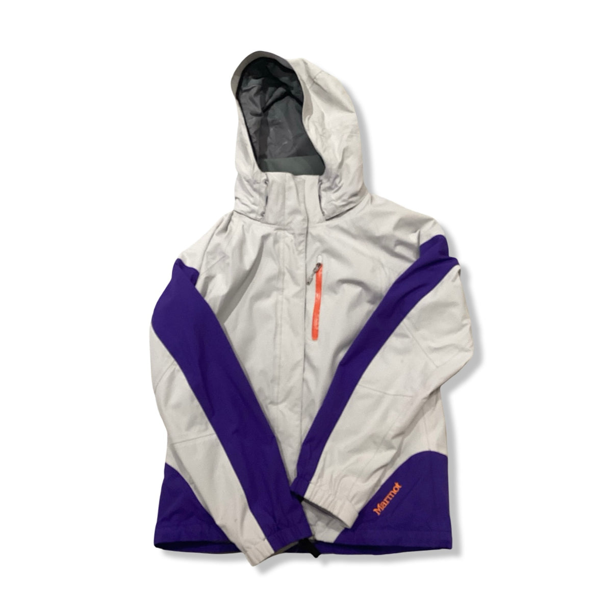 Grey and purple Marmot women's hooded shell jacket with an orange zipper, front view against a white background.