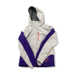 Grey and purple Marmot women's hooded shell jacket with an orange zipper, front view against a white background.