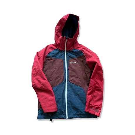 Red and blue O'Neill women's ski jacket with a hood and zipper, front view against a white background.