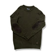 Green knitted Barbour men's sweater with elbow patches, front view against a white background.