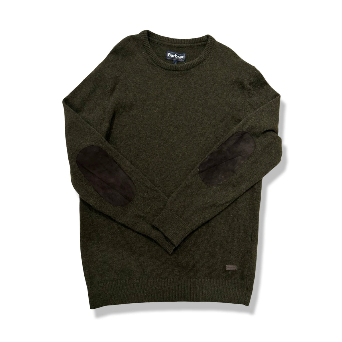 Green knitted Barbour men's sweater with elbow patches, front view against a white background.