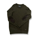 Green knitted Barbour men's sweater with elbow patches, front view against a white background.