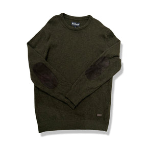 Green knitted Barbour men's sweater with elbow patches, front view against a white background.