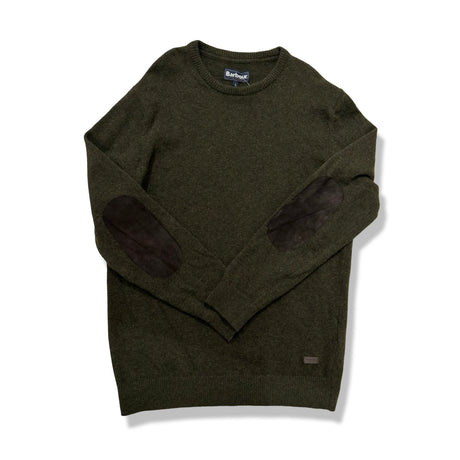 Green knitted Barbour men's sweater with elbow patches, front view against a white background.