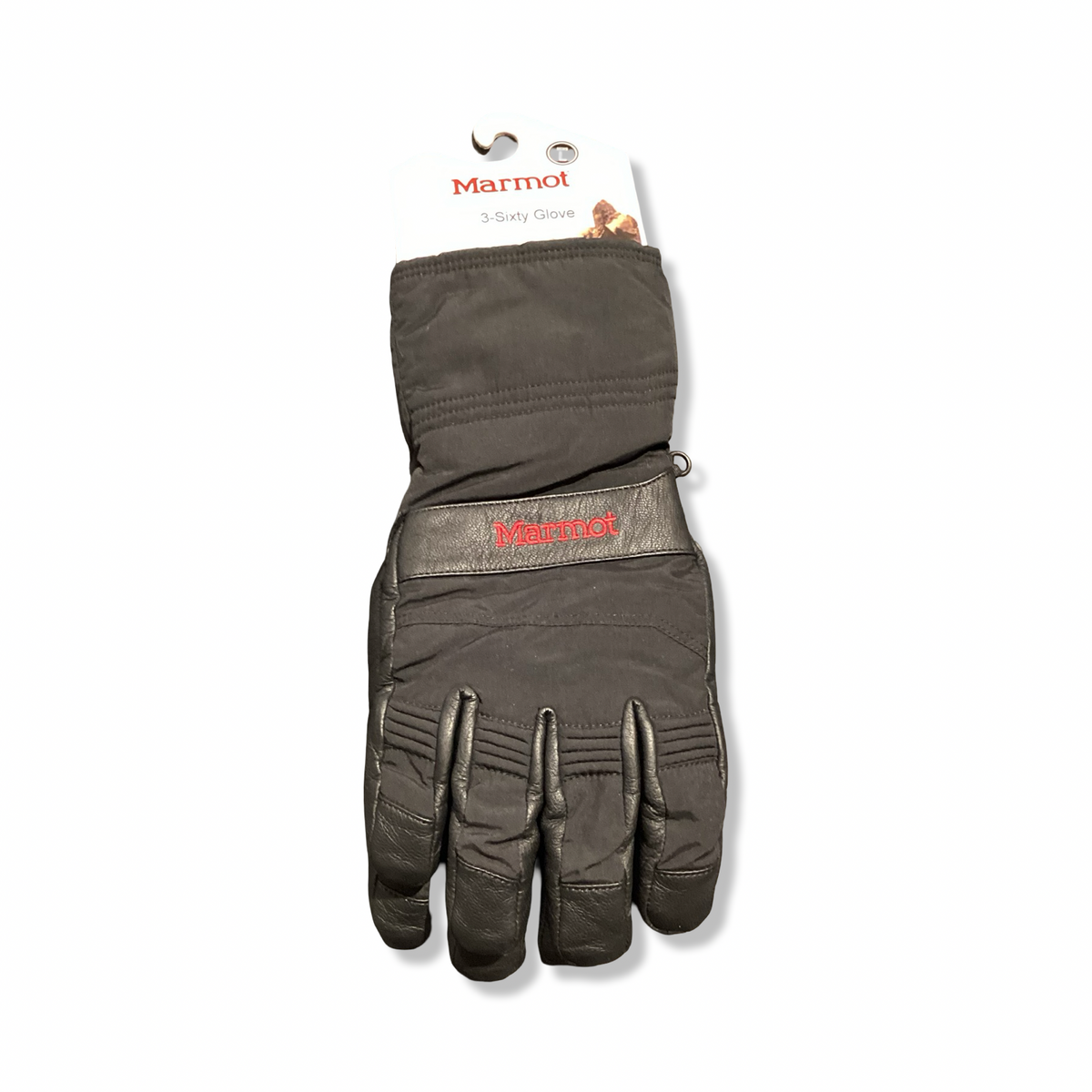 Ett par svarta Marmot 3 Sixty Glove handskar för herr i storlek L med tillhörande prislapp, fotograferade framifrån mot en vit bakgrund.