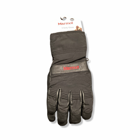Ett par svarta Marmot 3 Sixty Glove handskar för herr i storlek L med tillhörande prislapp, fotograferade framifrån mot en vit bakgrund.