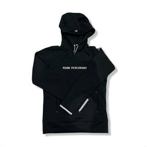 Black Peak Performance women's hoodie, front view against a white background.