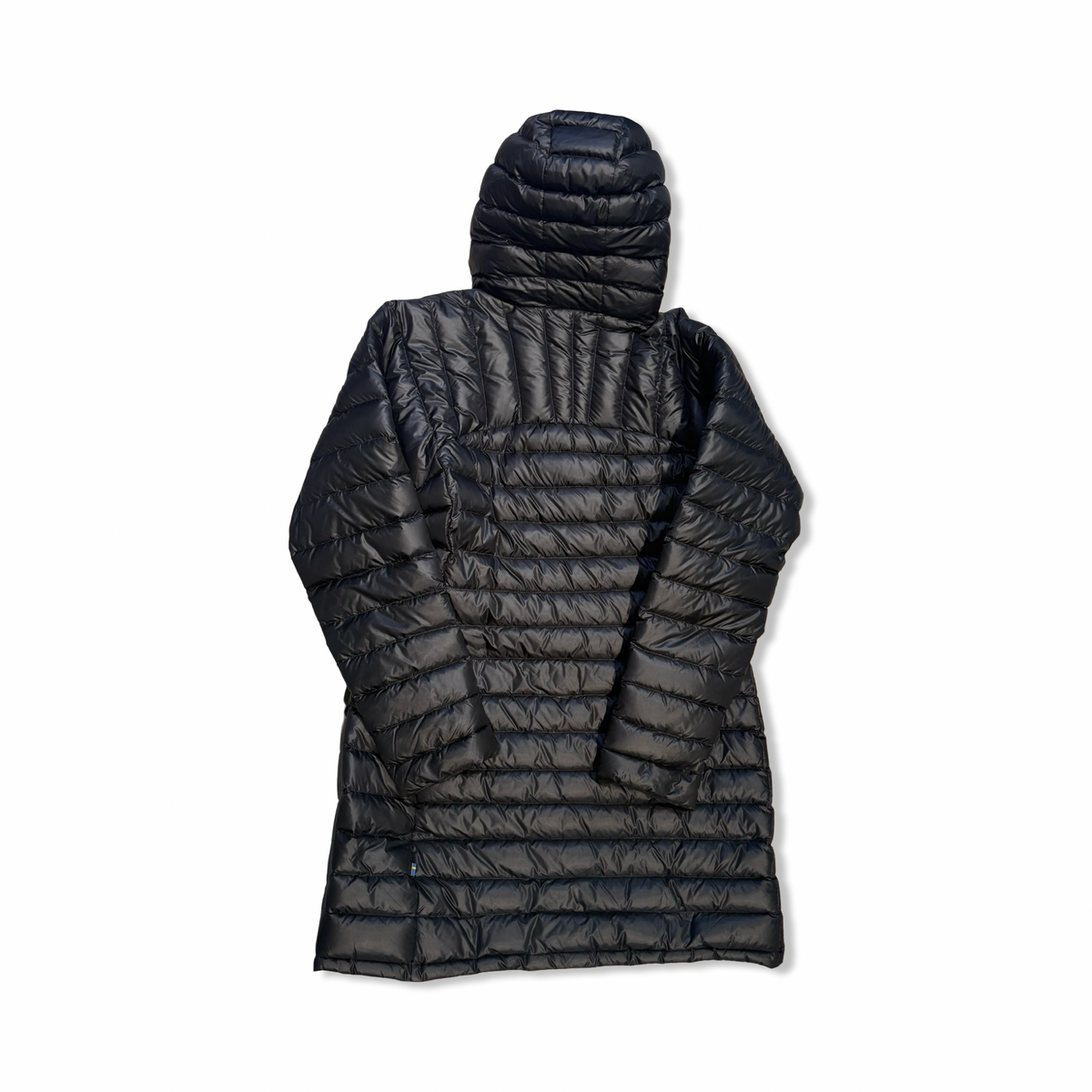 Black Fjällräven Snow Flake Parka women's down jacket, back view against a white background.