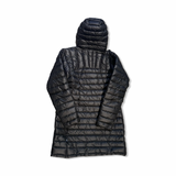 Black Fjällräven Snow Flake Parka women's down jacket, back view against a white background.