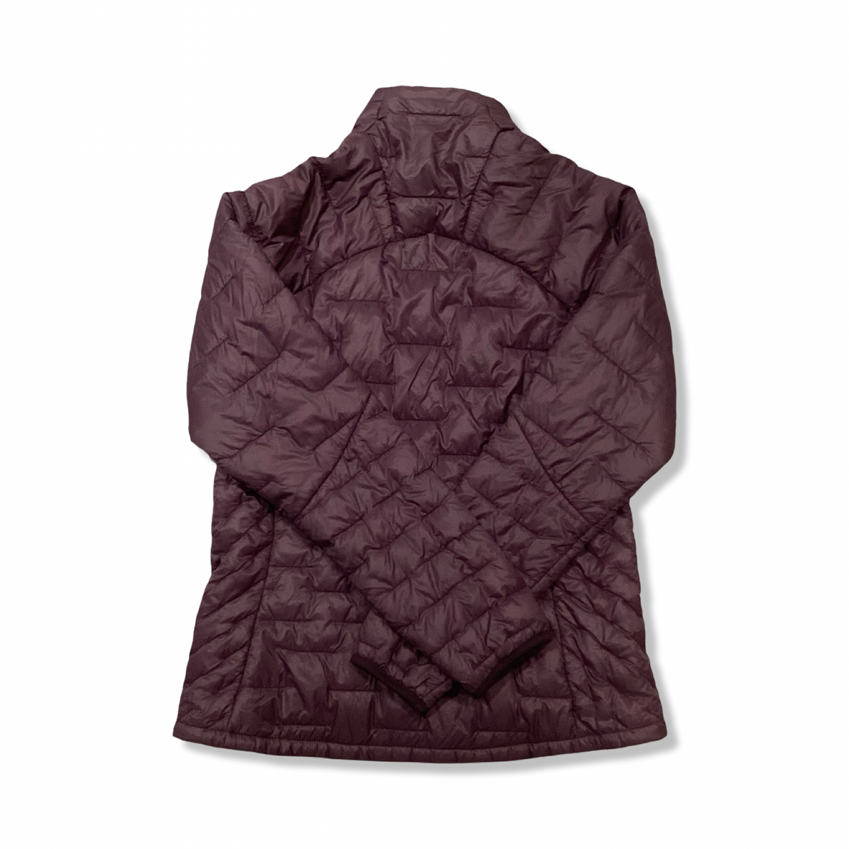 Back view of a purple Patagonia Nano Puff women's synthetic jacket against a white background.