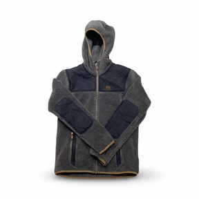 Grey Elevenate Glacier Pile Hood men's fleece cardigan with hood, front view against a white background.
