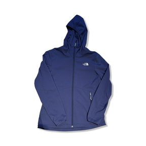 Blue The North Face women's softshell jacket with a hood, front view against a white background.