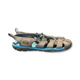 Blue and grey Keen Clearwater Cnx women's sandals with quick-lacing, side view against a white background.