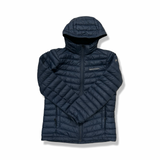 Blue Peak Performance hooded down jacket, front view against a white background.