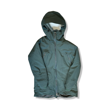 Green Haglöfs women's Torsång Parka down jacket, front view against a white background.